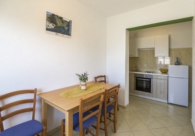 apartent yellow, dining room and kitchen